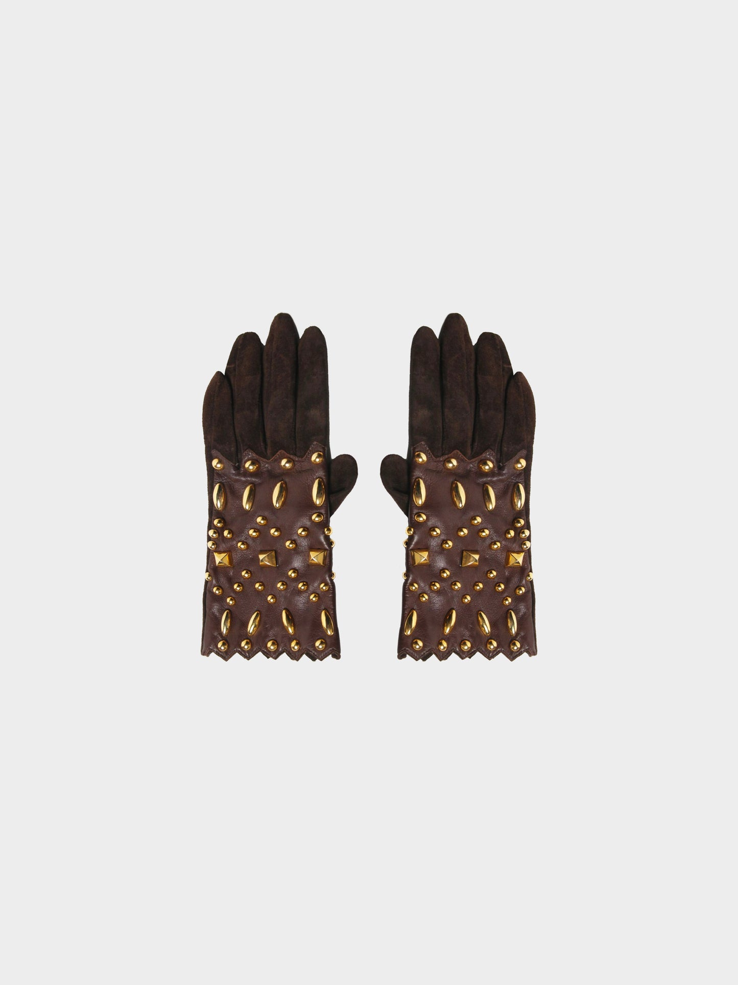 Christian Lacroix 2000s Brown Leather Gloves with Gold Metal Studs