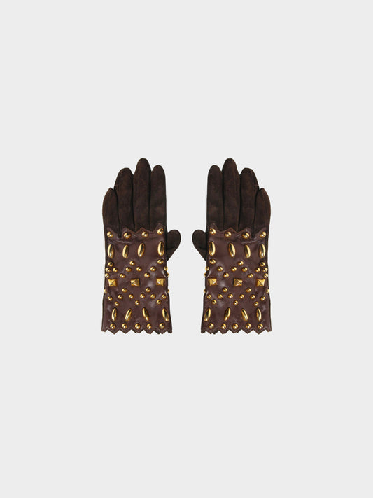Christian Lacroix 2000s Brown Leather Gloves with Gold Metal Studs