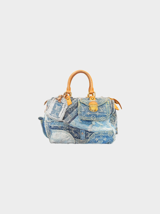 Louis Vuitton 2007 Limited Edition Blue Denim Patchwork Monogram Speedy Bag