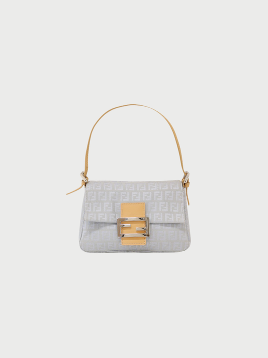 Fendi 2000s Light Blue Beige Zucchino Canvas Leather Mini Mamma Bucket Bag