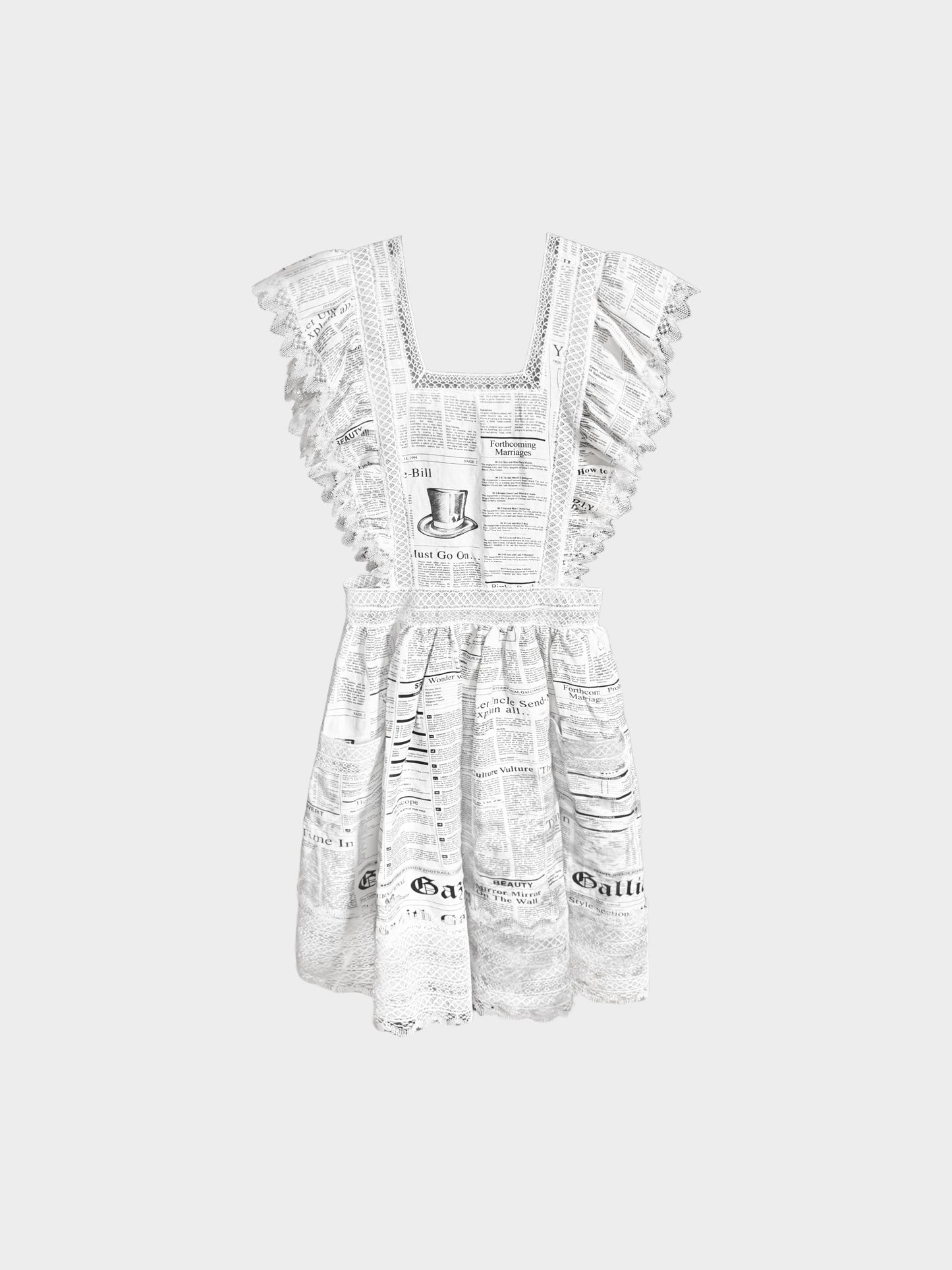 John Galliano 2019 White Gazette Newspaper Print Lace Ruffled Apron Dress