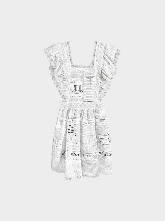 John Galliano 2019 White Gazette Newspaper Print Lace Ruffled Apron Dress