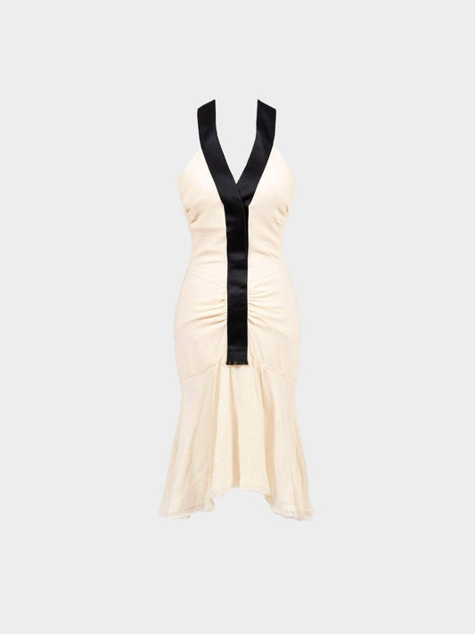 Chanel SS 2004 Ivory and Black Silk Crepe Backless Halter Dress
