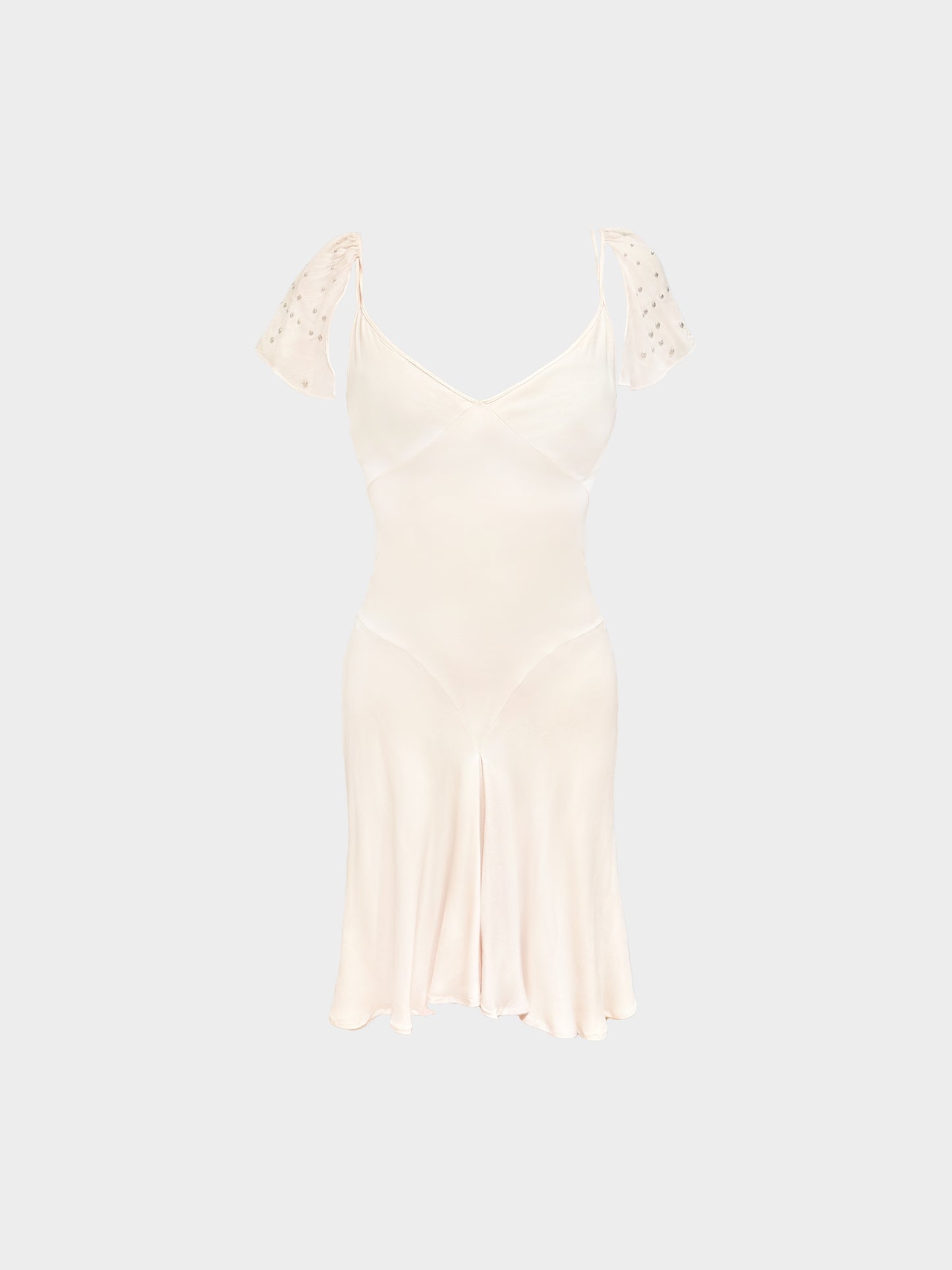 Chloé SS 2001 Beige Silk Embroidered Flutter Sleeve Dress