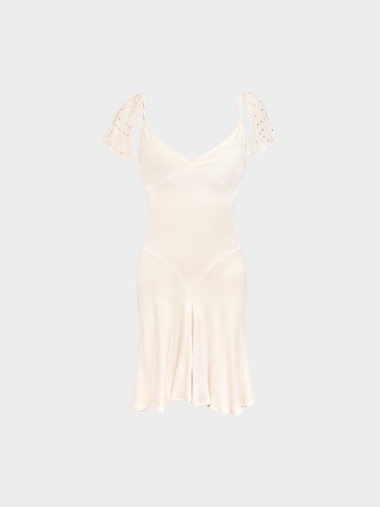 Chloé SS 2001 Beige Silk Embroidered Flutter Sleeve Dress