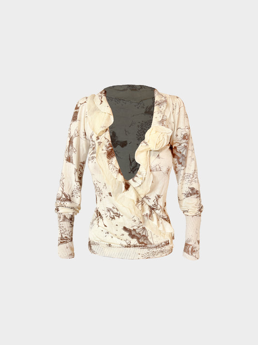 John Galliano 2000s Beige Landscape Print Ruffled Long Sleeved Top
