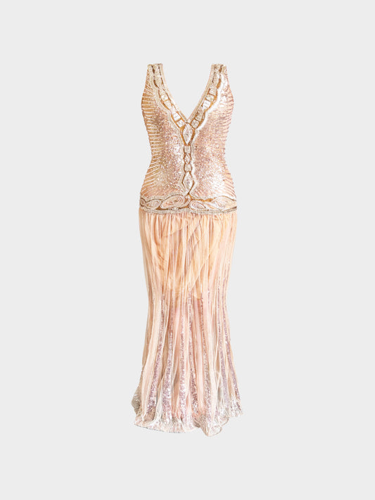 Roberto Cavalli 2000s Beige Embroidered Sequins and Rhinestone-embellished Long Dress