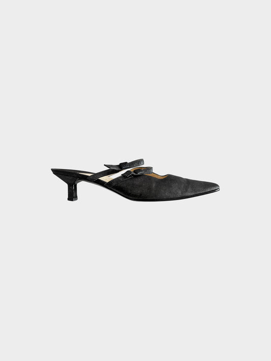 Chanel FW 1999 Black Suede Double Strap Heeled Mules