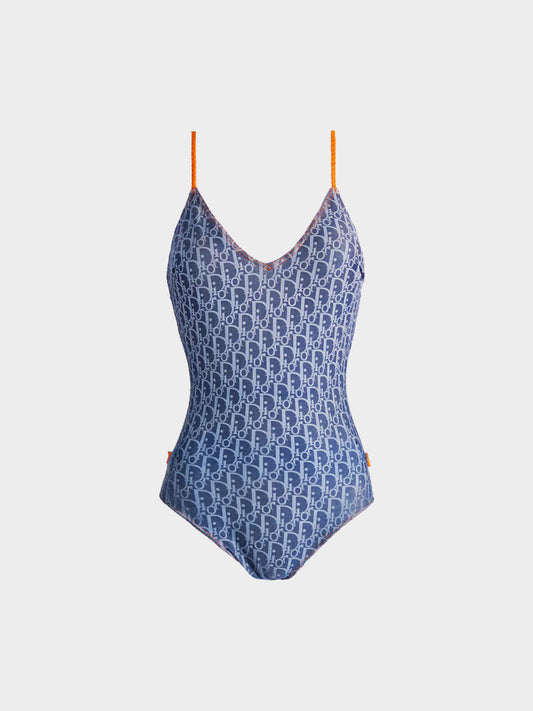 Christian Dior by John Galliano SS 2005 Navy and Orange Monogram One Piece Swimsuit