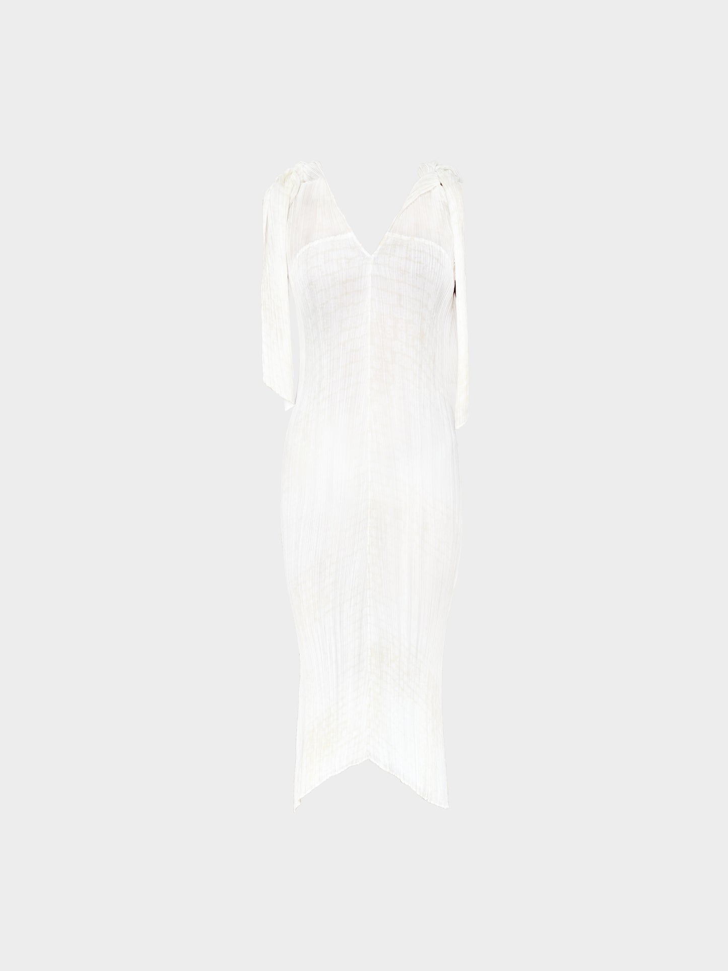 Issey Miyake 2000s White and Beige Pleated Tie-detail Dress