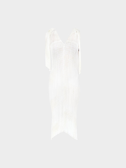 Issey Miyake 2000s White and Beige Pleated Tie-detail Dress