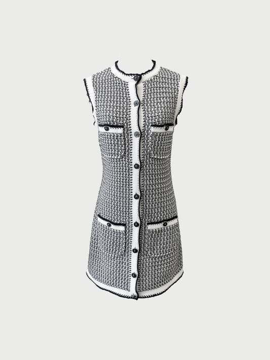 Chanel 2022 Cream Navy Cotton Crochet Knit Dress