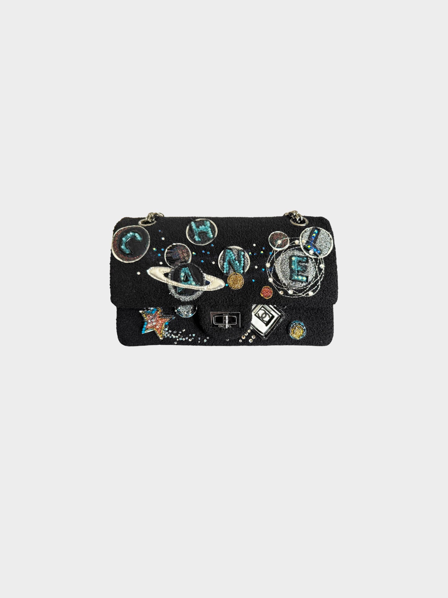 Chanel FW 2017 Limited Edition Black Tweed Space Motif 2.55 Double Flap Bag