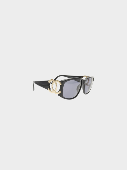 Chanel 2000s Black Plastic COCO Mark Sunglasses