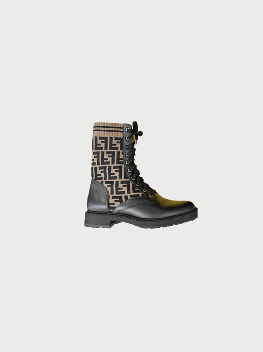 Fendi 2010s Black Leather Zucca Combat Boots