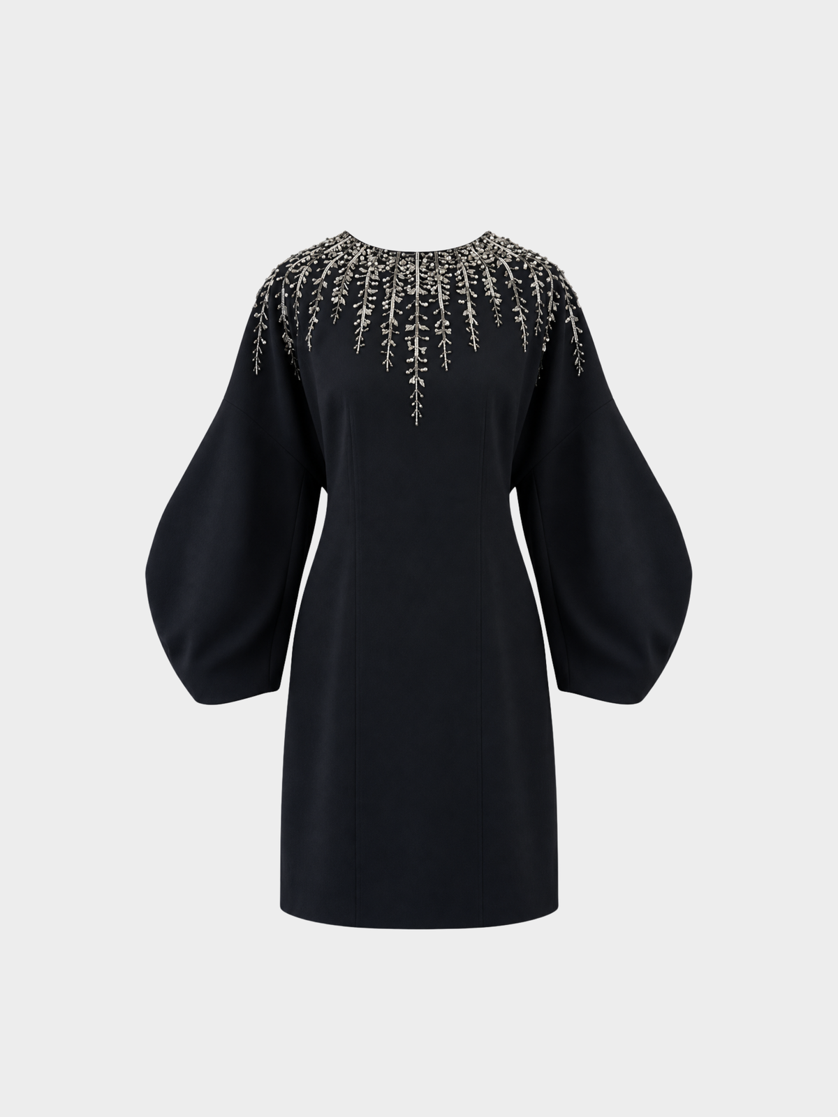 Givenchy 2000s Black Wool Silk Silver Beaded Long Sleeve Dress
