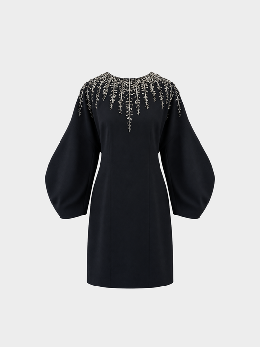 Givenchy 2000s Black Wool Silk Silver Beaded Long Sleeve Dress
