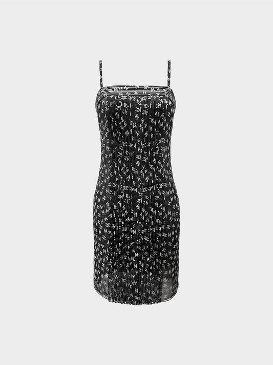 Chanel 2010s CC Logo All-over Print Pleated Chiffon Dress