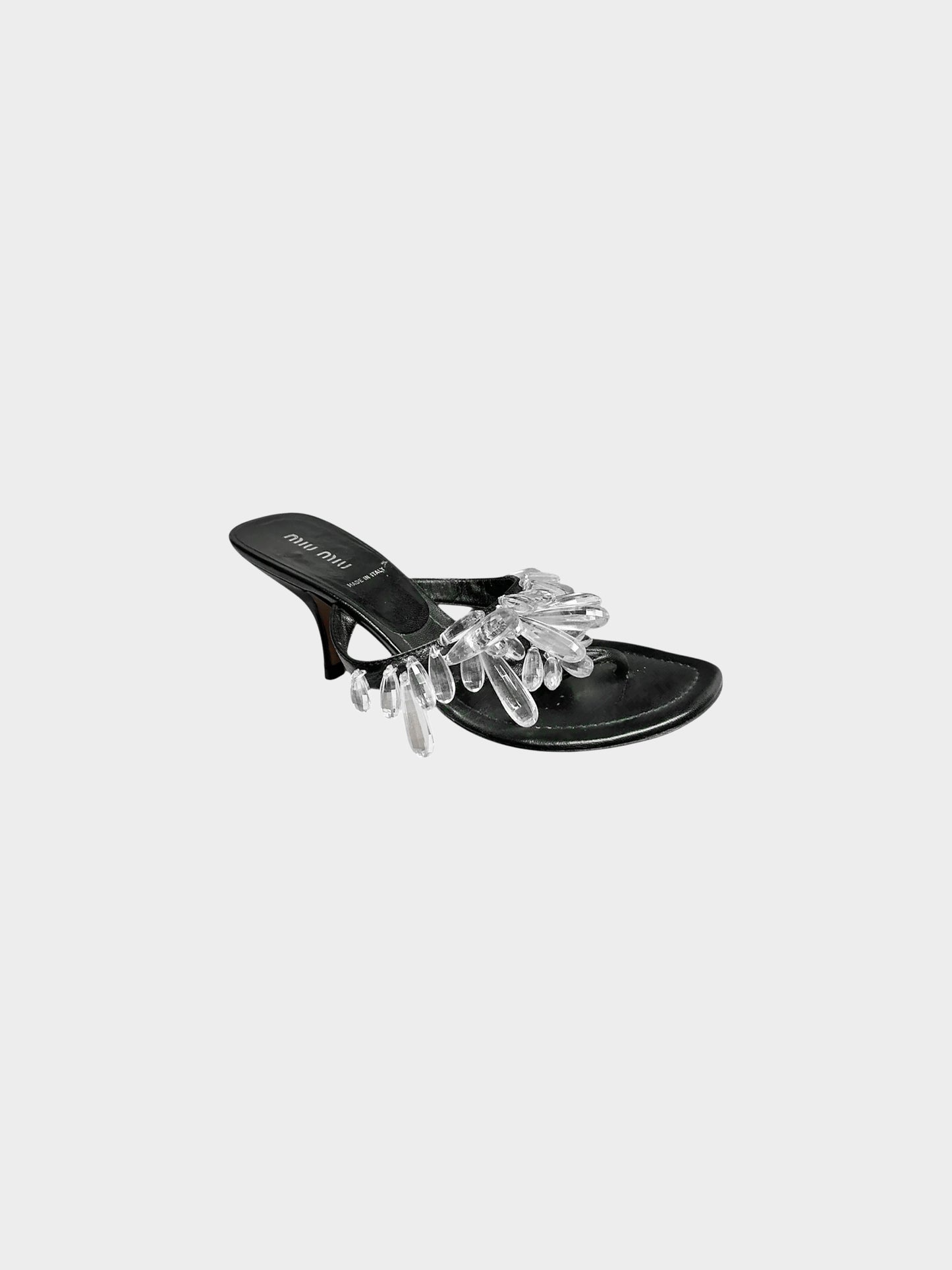 Miu Miu 2000s Black Leather Crystal Drop Heeled Mules