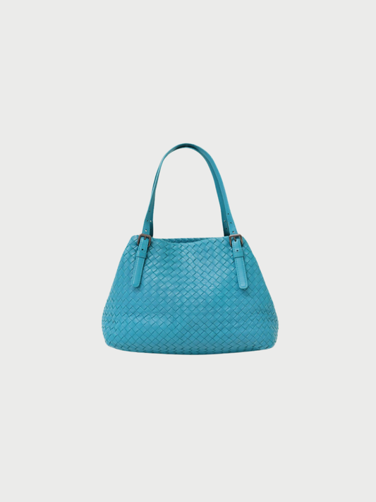 Bottega Veneta 2010s Blue Turquoise Leather Intrecciato Tote Bag