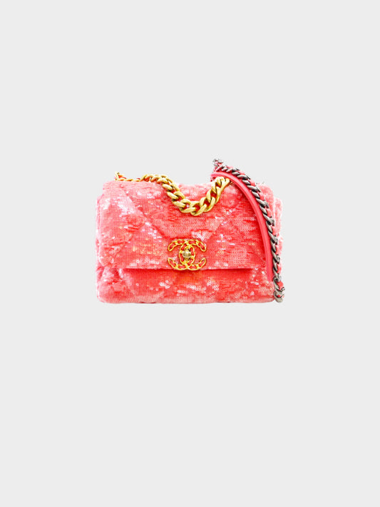 Chanel 2020-2021 19' Coral Pink Sequins Quilted Small Flap Bag
