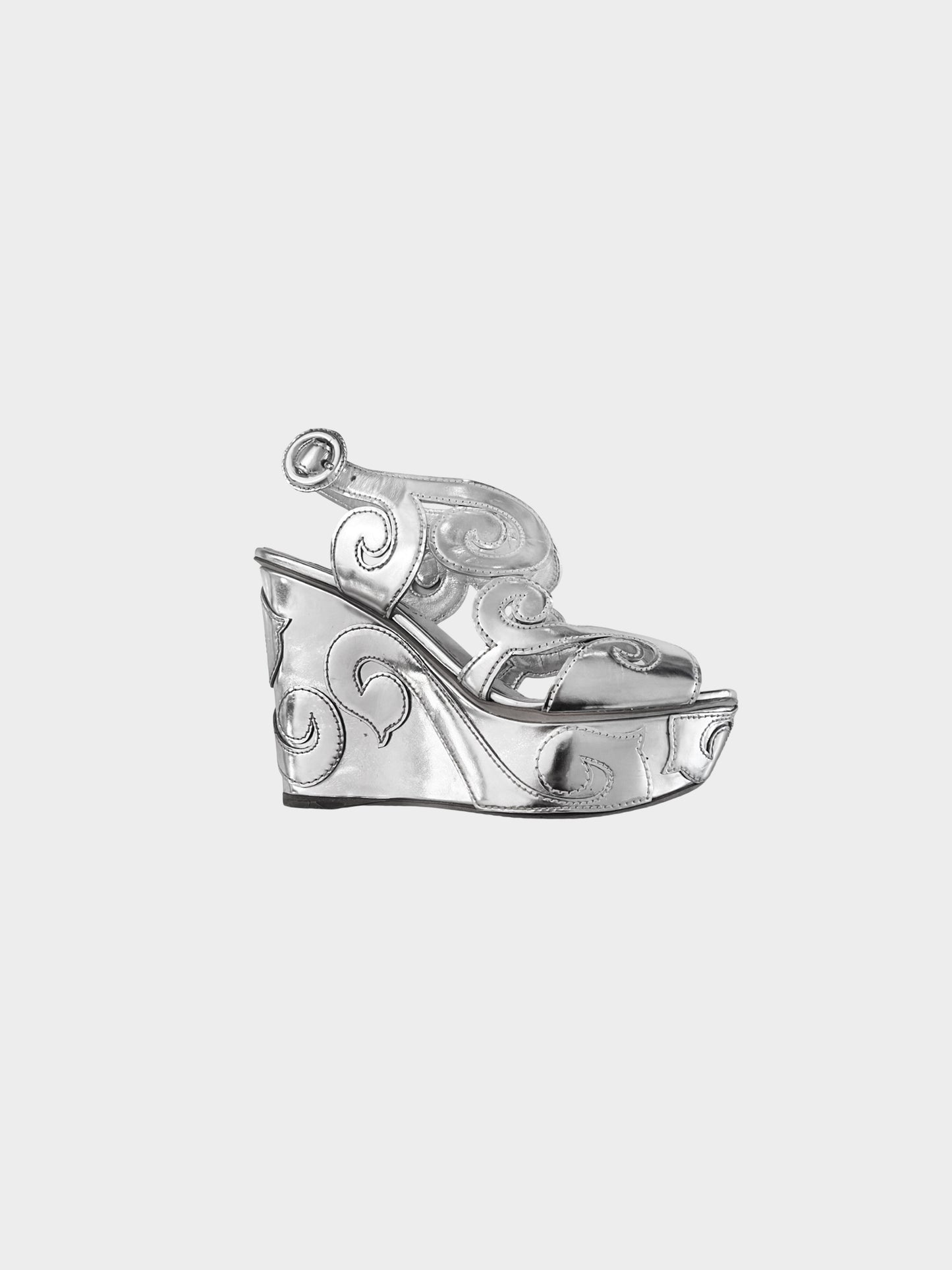 Prada 1990s Silver Metallic Leather Baroque Motif Platform Wedge Heels