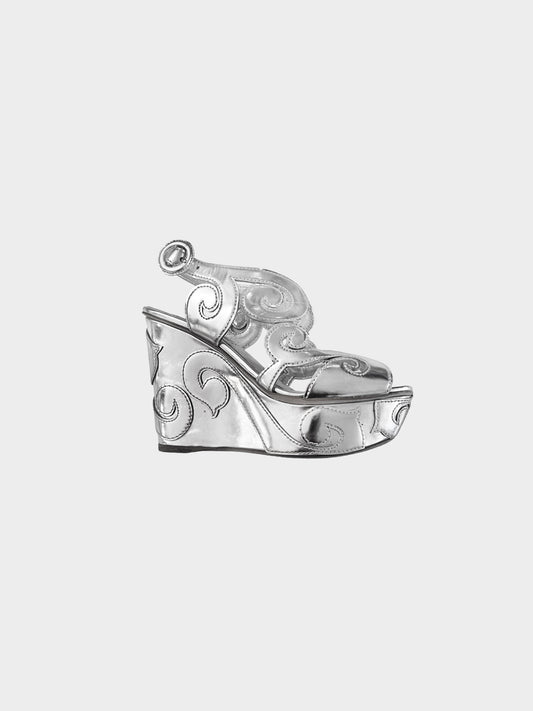 Prada 1990s Silver Metallic Leather Baroque Motif Platform Wedge Heels