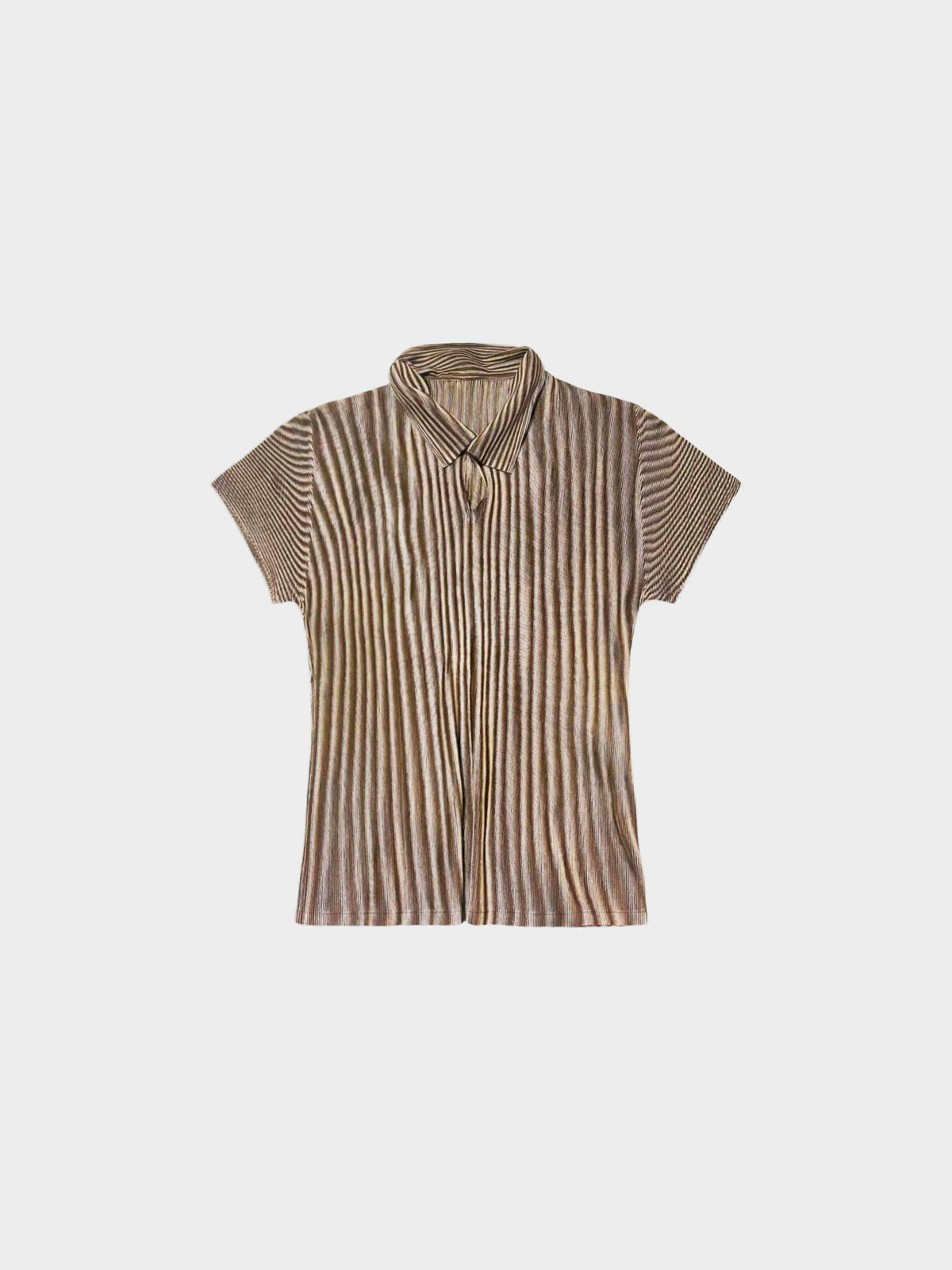 Issey Miyake Pleats Please SS 2000 Brown Striped Short Sleeve Collared Top