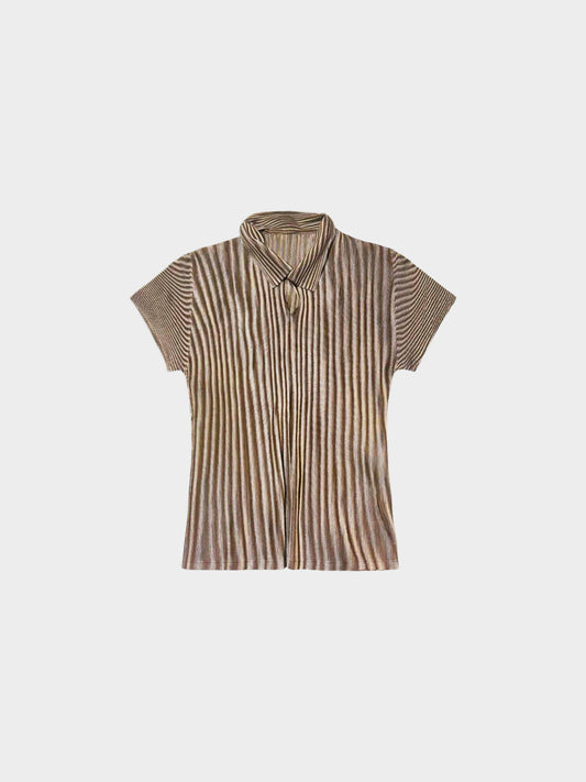 Issey Miyake Pleats Please SS 2000 Brown Striped Short Sleeve Collared Top