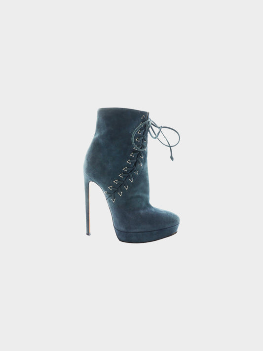 Azzedine Alaïa 2010s Navy Suede Lace-up Platform Stiletto Boots