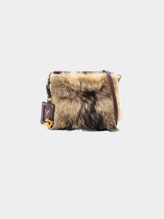 Prada 2010s Brown Fox Fur and Leather Crossbody Bag
