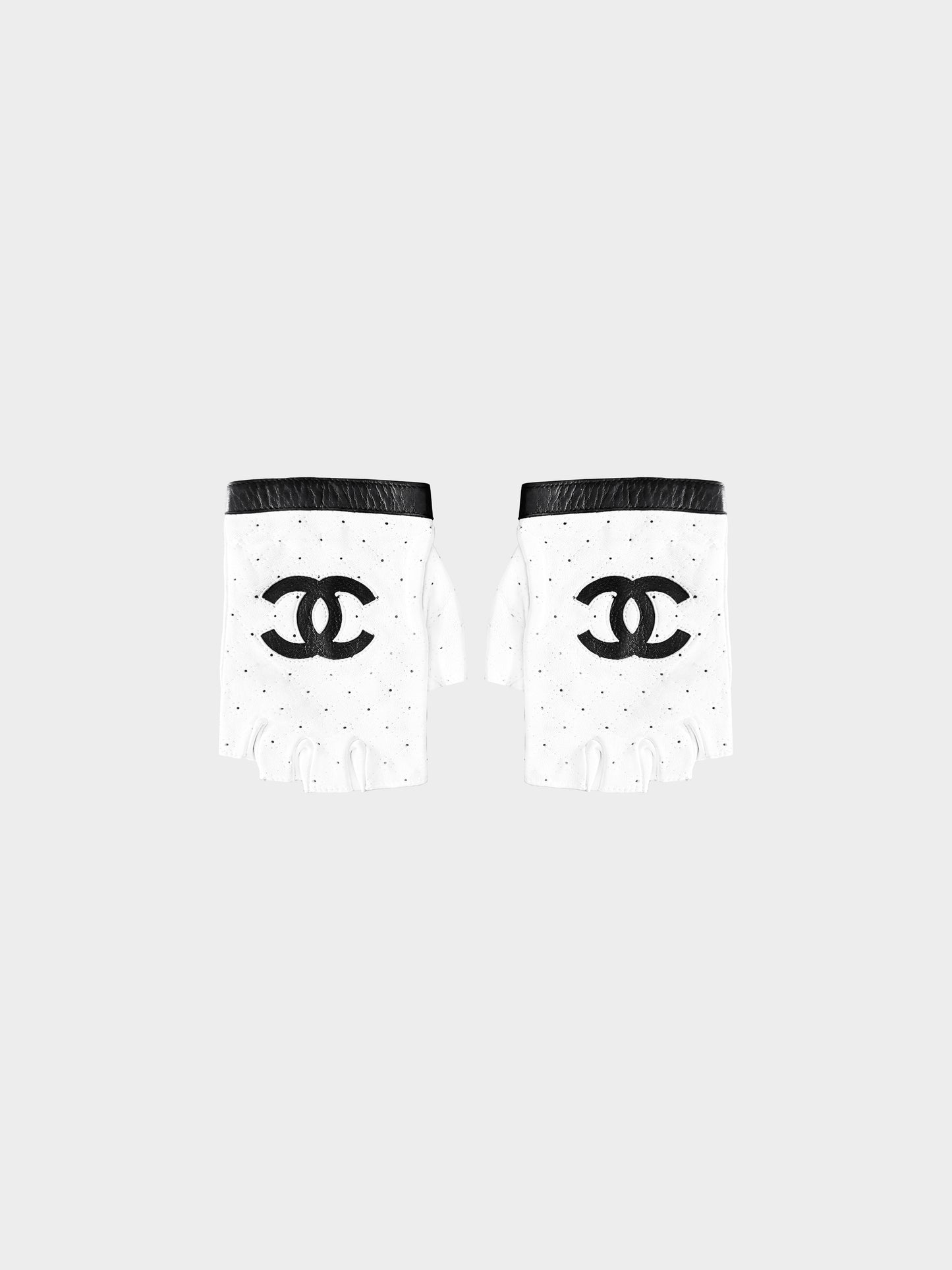 Chanel 1990s Black and White Leather CC Fingerless Gloves