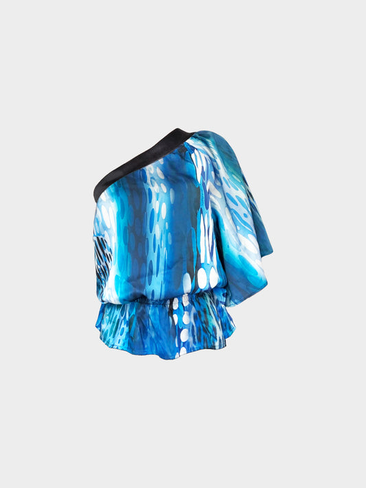Roberto Cavalli 2000s Blue Abstract All-over Print Asymmetrical Top