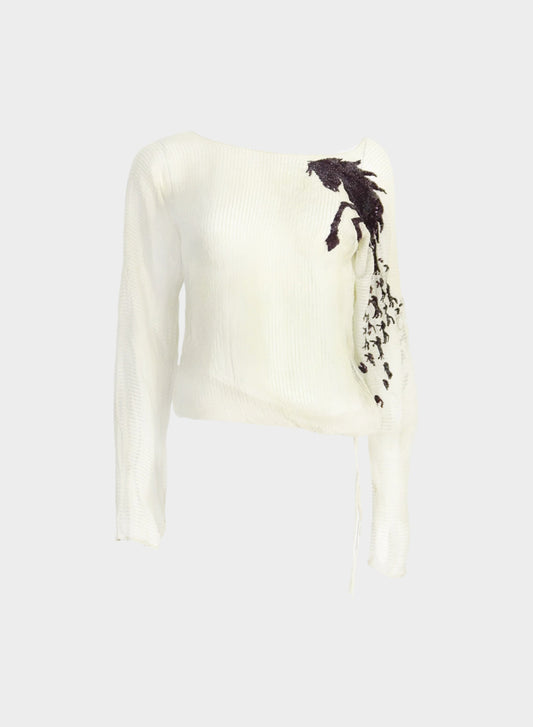 Chloé SS 2001 Ivory White Pinstripe Semi-sheer Silk Top with Embroidered Horse
