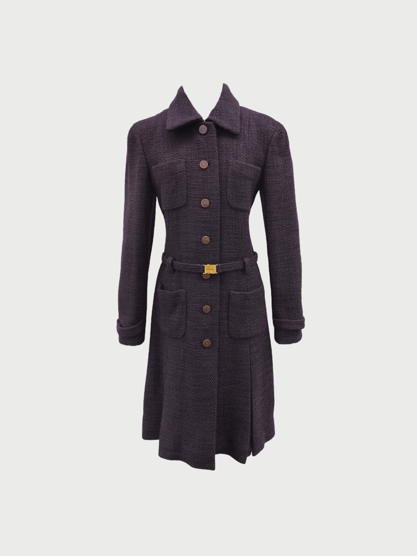 Chanel 2000 Dark Plum Tweed Belted Coat Dress