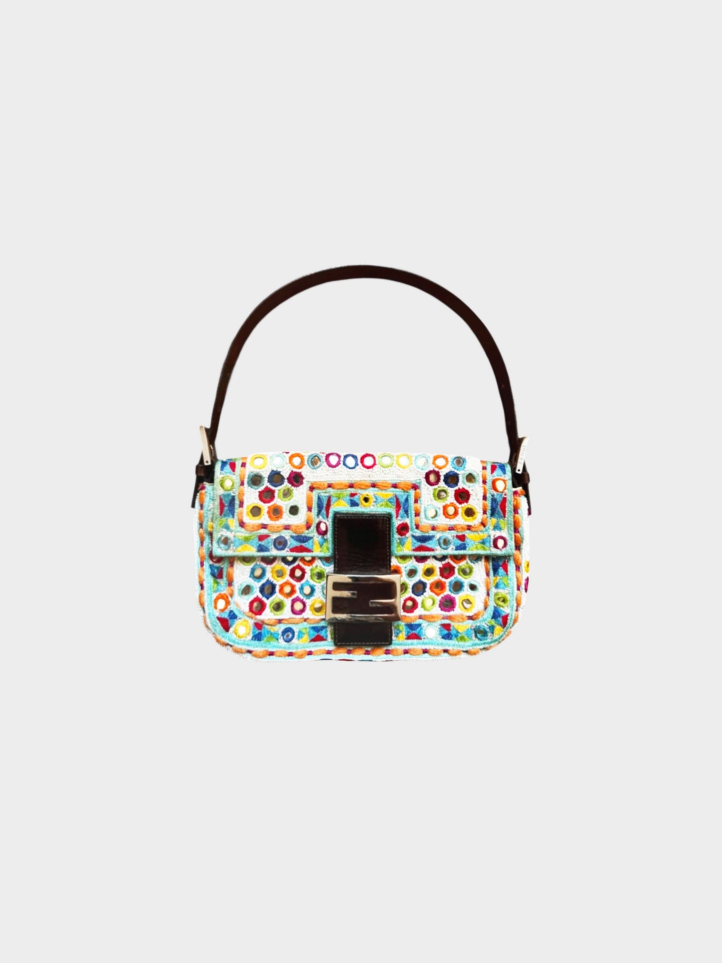 Fendi 1997 Rare Multicolor Specchietti Mirror and Pearl Embroidery Baguette Bag