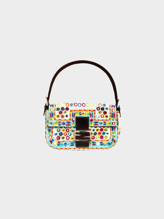 Fendi 1997 Rare Multicolor Specchietti Mirror and Pearl Embroidery Baguette Bag