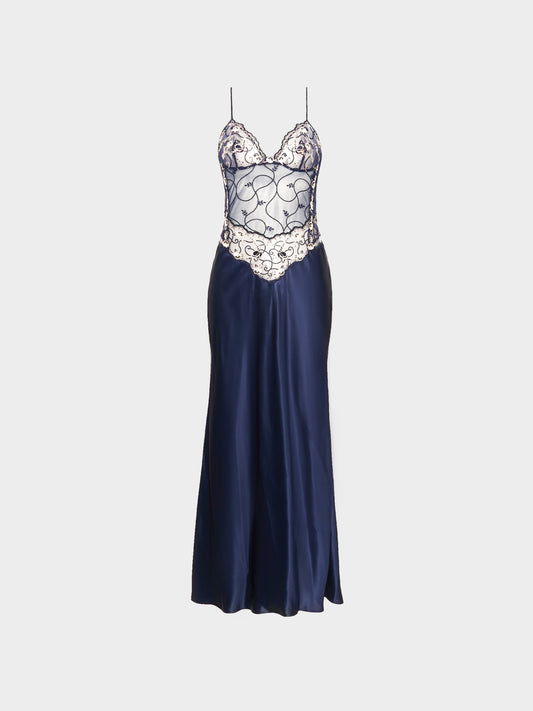 La Perla 2000s Navy and Beige Floral Lace and Silk Night Dress