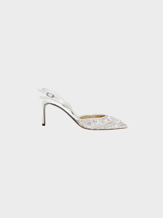 René Caovilla 2010s White and Silver Beaded Slingback Heels