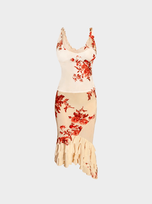 Roberto Cavalli SS 2002 Cream Rose-Printed Top and Midi Skirt Set