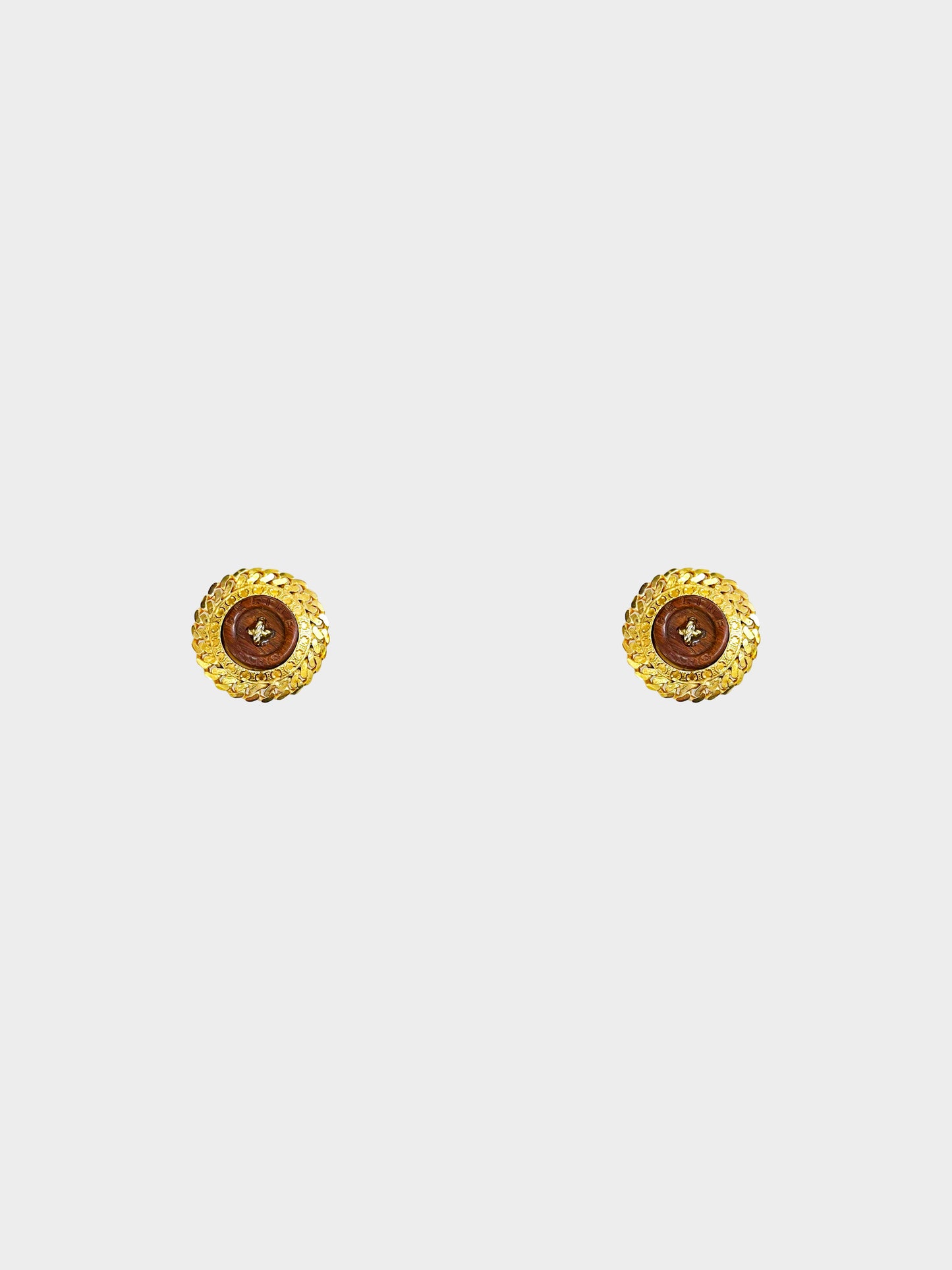 Celine 1988 Vintage Gold and Wooden Button Triomphe Clip-on Earrings