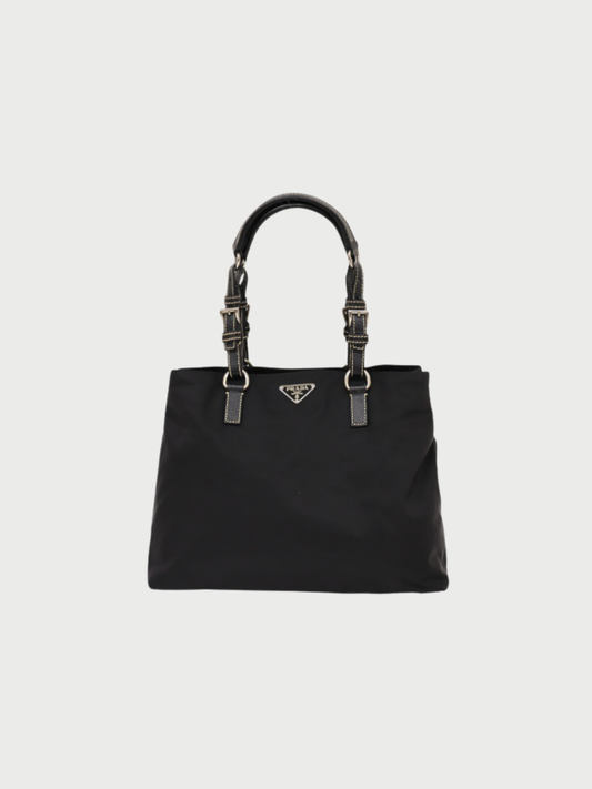 Prada 2000s Black Nylon Leather Triangle Logo Tote Bag
