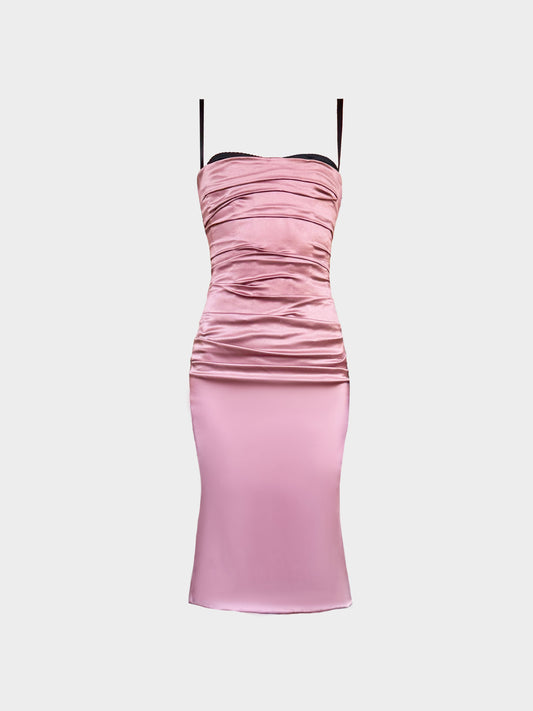 Dolce and Gabbana 2010s Pink Silk Satin Gathered Midi Dress