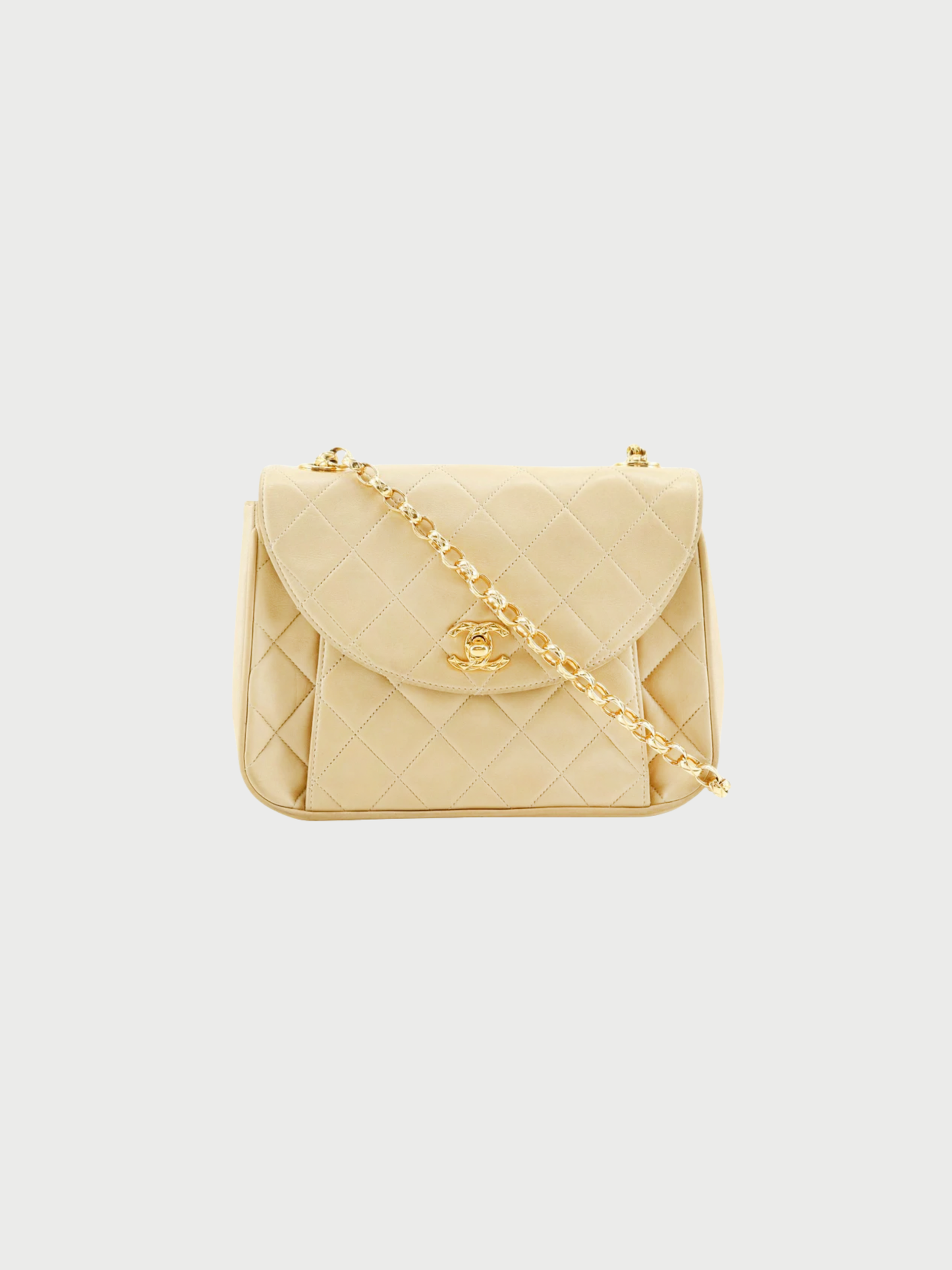 Chanel 1990s Beige Lambskin Leather Matelassé Chain Shoulder Bag