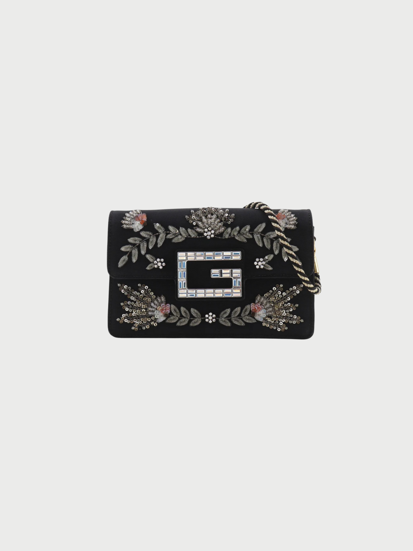 Gucci 2010s Black Cotton Rhinestone Broadway Square G 2-Way Clutch Bag