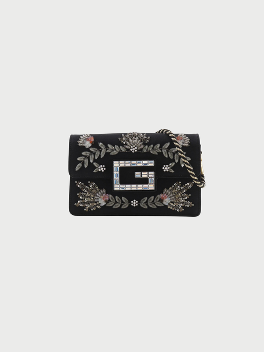 Gucci 2010s Black Cotton Rhinestone Broadway Square G 2-Way Clutch Bag
