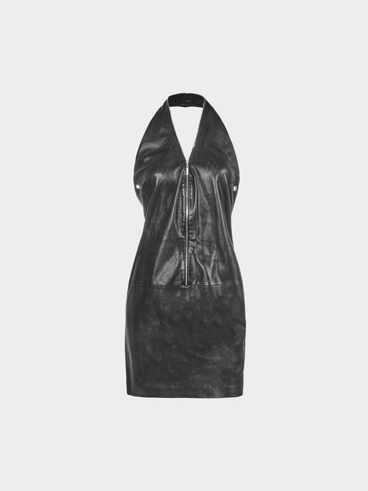 Gucci by Tom Ford 2000s Rare Black Perforated Leather Halter Zip Dress