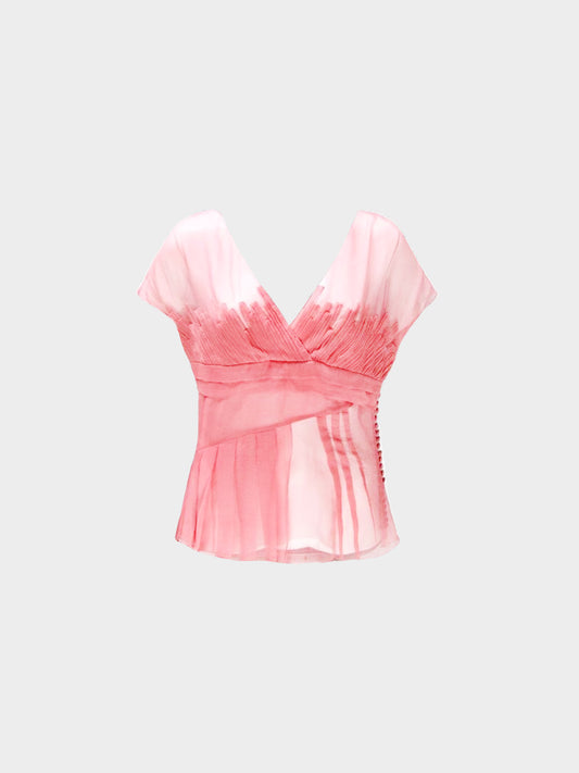 Christian Dior 1990s Pink Chiffon Pleated Sheer Blouse