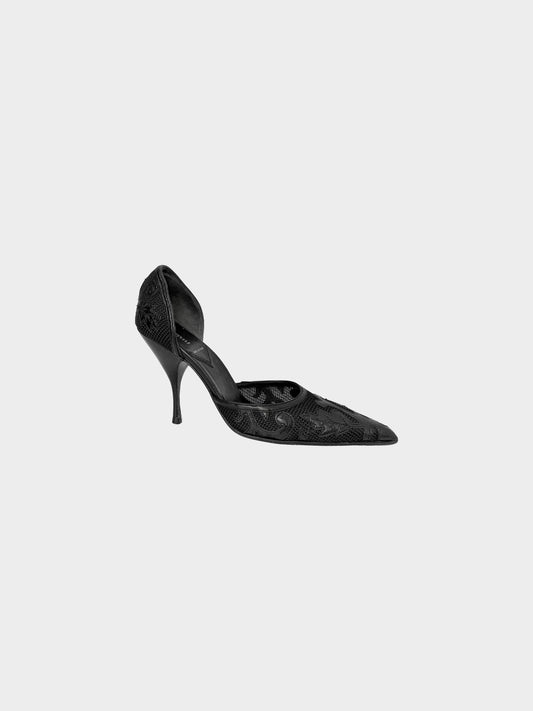 Miu Miu 2000s Black Leather and Mesh D'Orsay Pumps