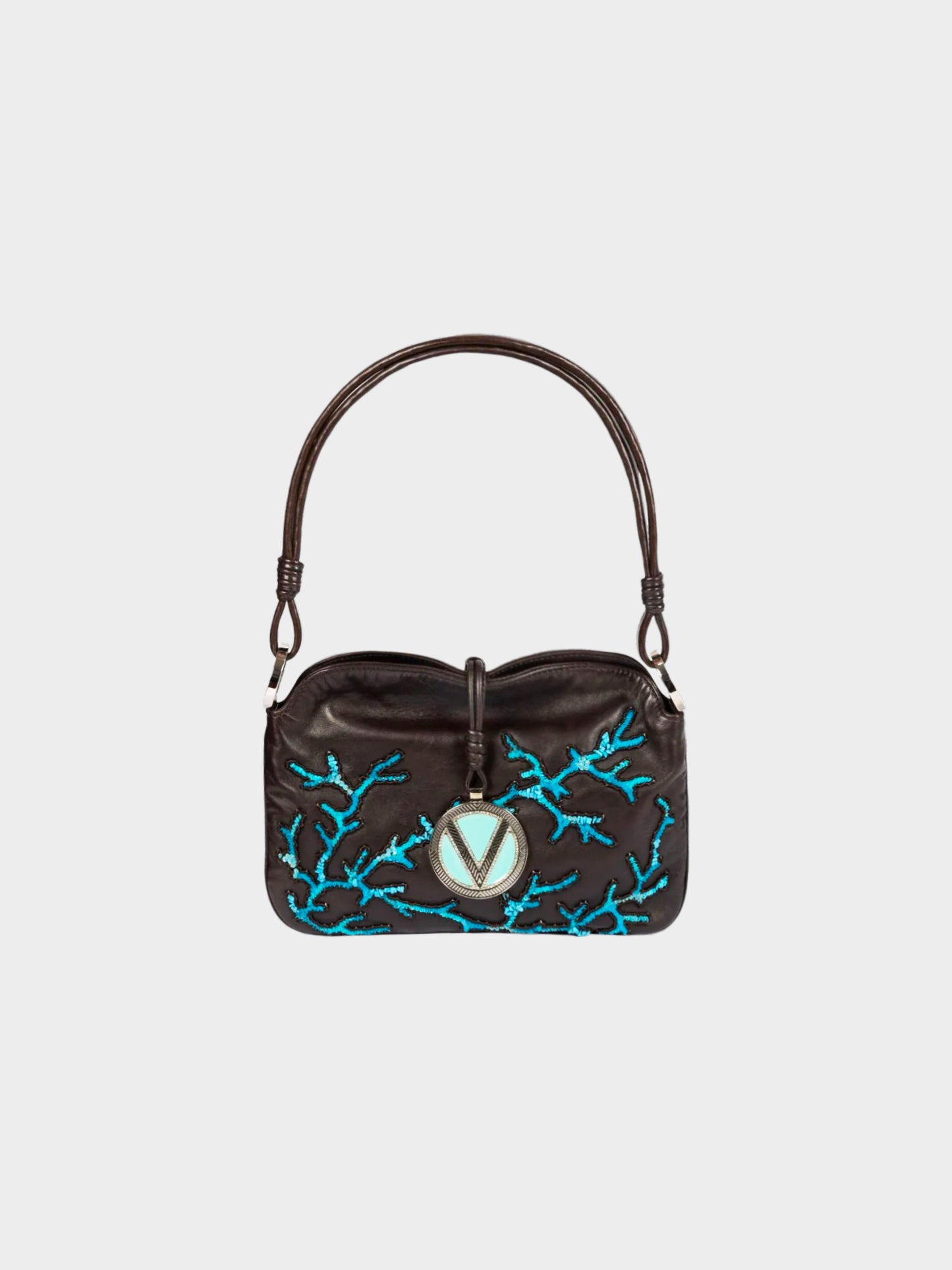 Valentino 2000s Brown Lambskin Leather Beaded Evening Shoulder Bag
